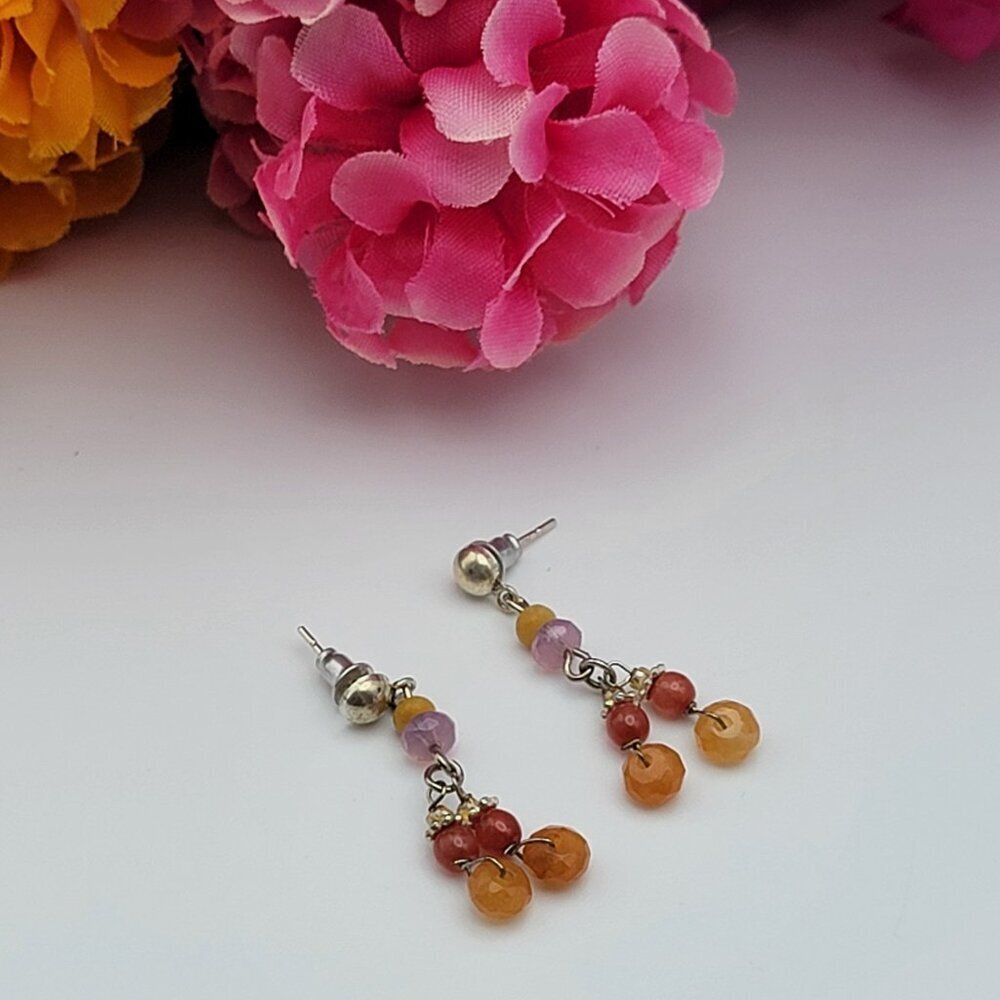 Vintage Sterling Silver Multicolor Gemstone Drop Earrings 1.25" Pierced Dainty